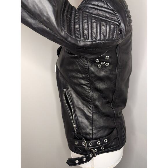 Genuine soft leather black ribbed buckle moto jacket - Picture 4 of 10